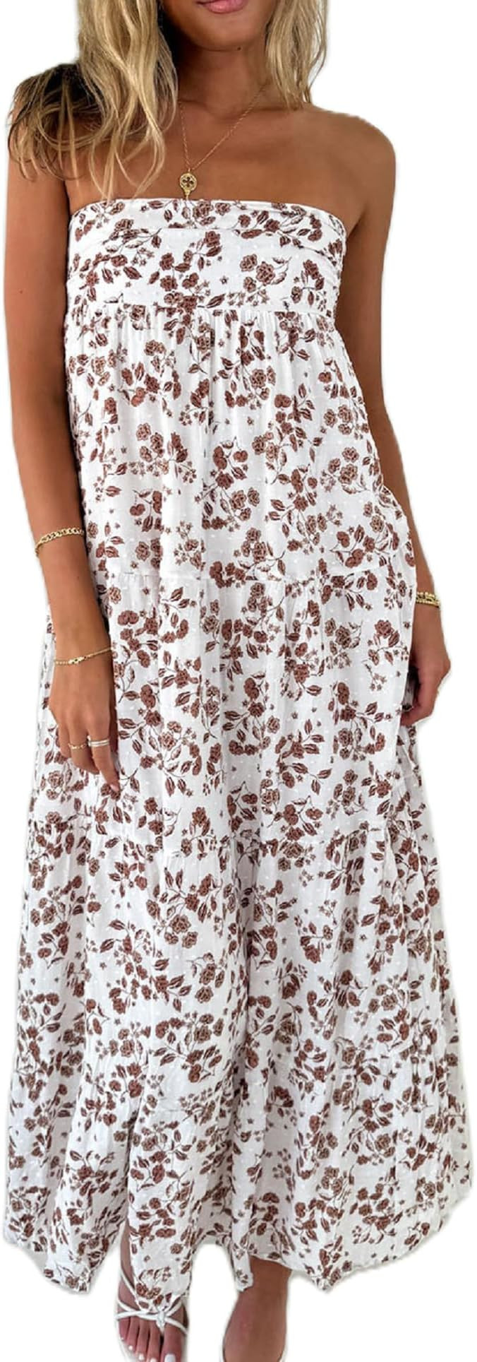 Women Floral Print Maxi Tube Dress Strapless Flowy Long Bandeau Dress Y2K Open Back Sundress Summ... | Amazon (US)