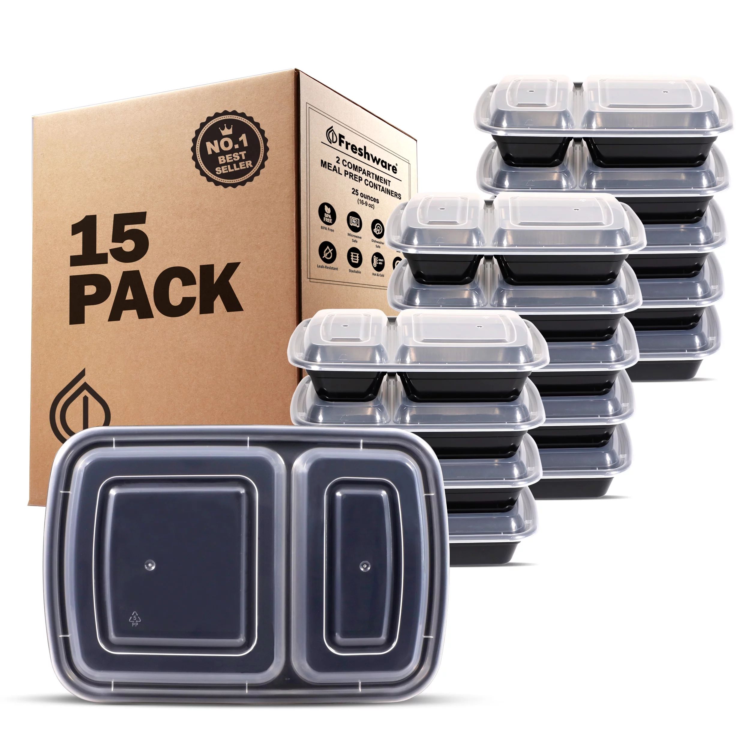 Freshware 15-Pack 2 Compartment Bento Lunch Boxes with Lids - Stackable Reusable Microwave Dishwa... | Walmart (US)