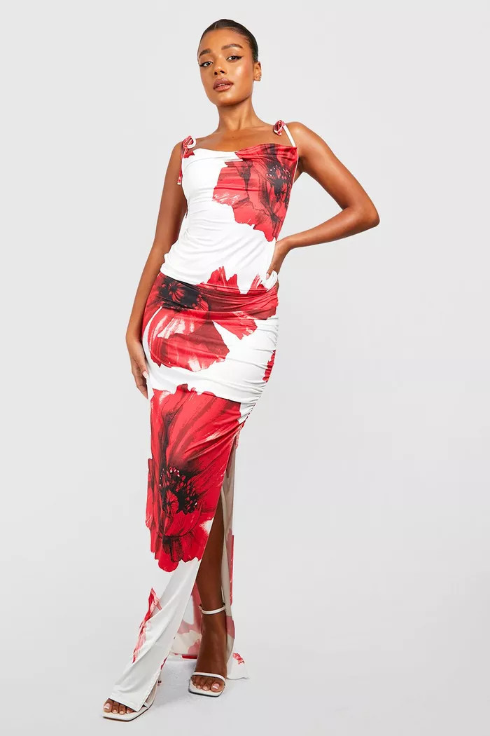 Floral Ruched Split Midi Skirt | Boohoo.com (UK & IE)