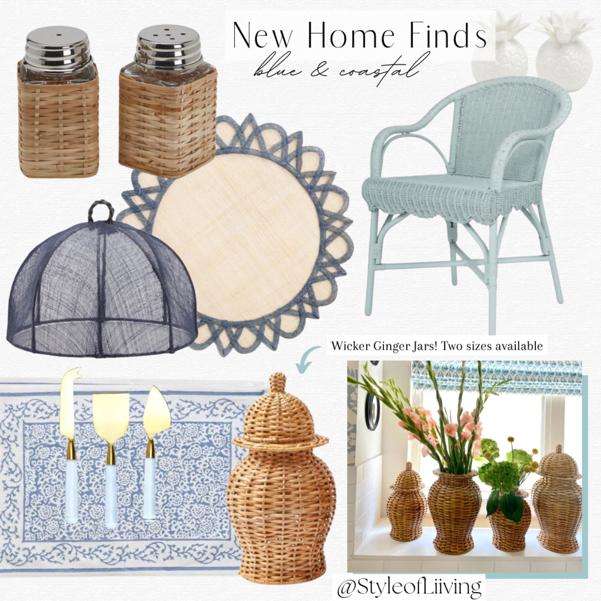 Blue and coastal home finds’ wicker blue bistro dining chair, placemats, wicker ginger jar, salt and pepper shakers, pineapple shaped table top, cheese knives, jars. #homedecor

#LTKSeasonal #LTKhome #LTKstyletip