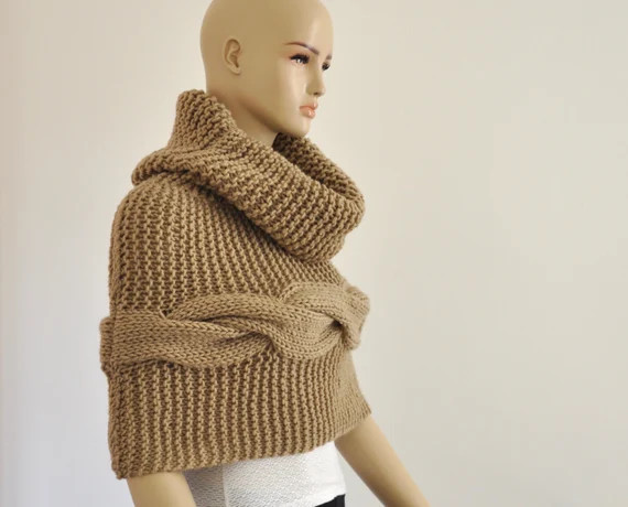 Camel Poncho Cape Sweater Cardigan Chunky Wrap Sweater Hand Knit Oversized Knits | Etsy (US)