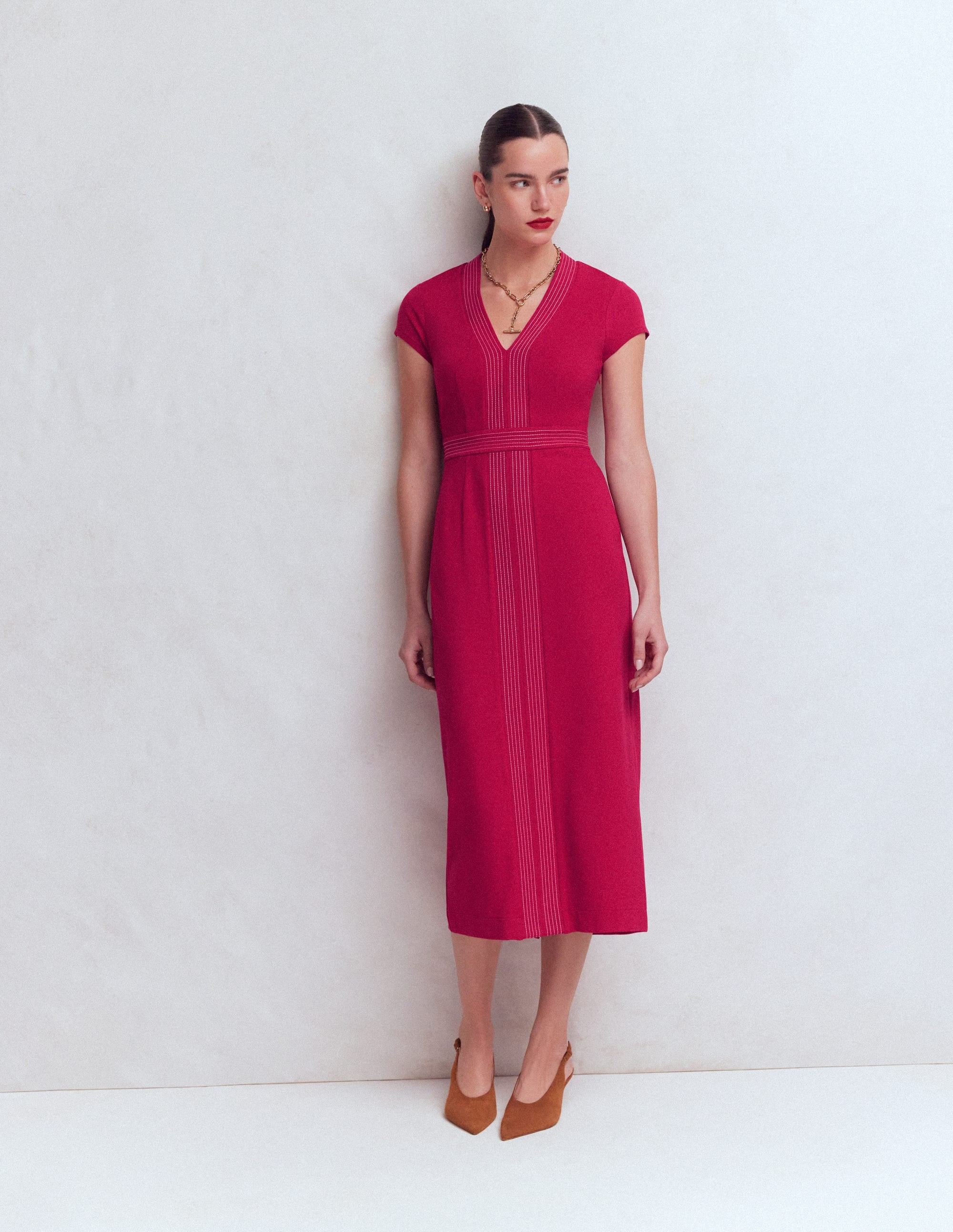 Boden Women's Topstitch V-neck Ponte Dress in Pink | Size 2 | Boden (US)