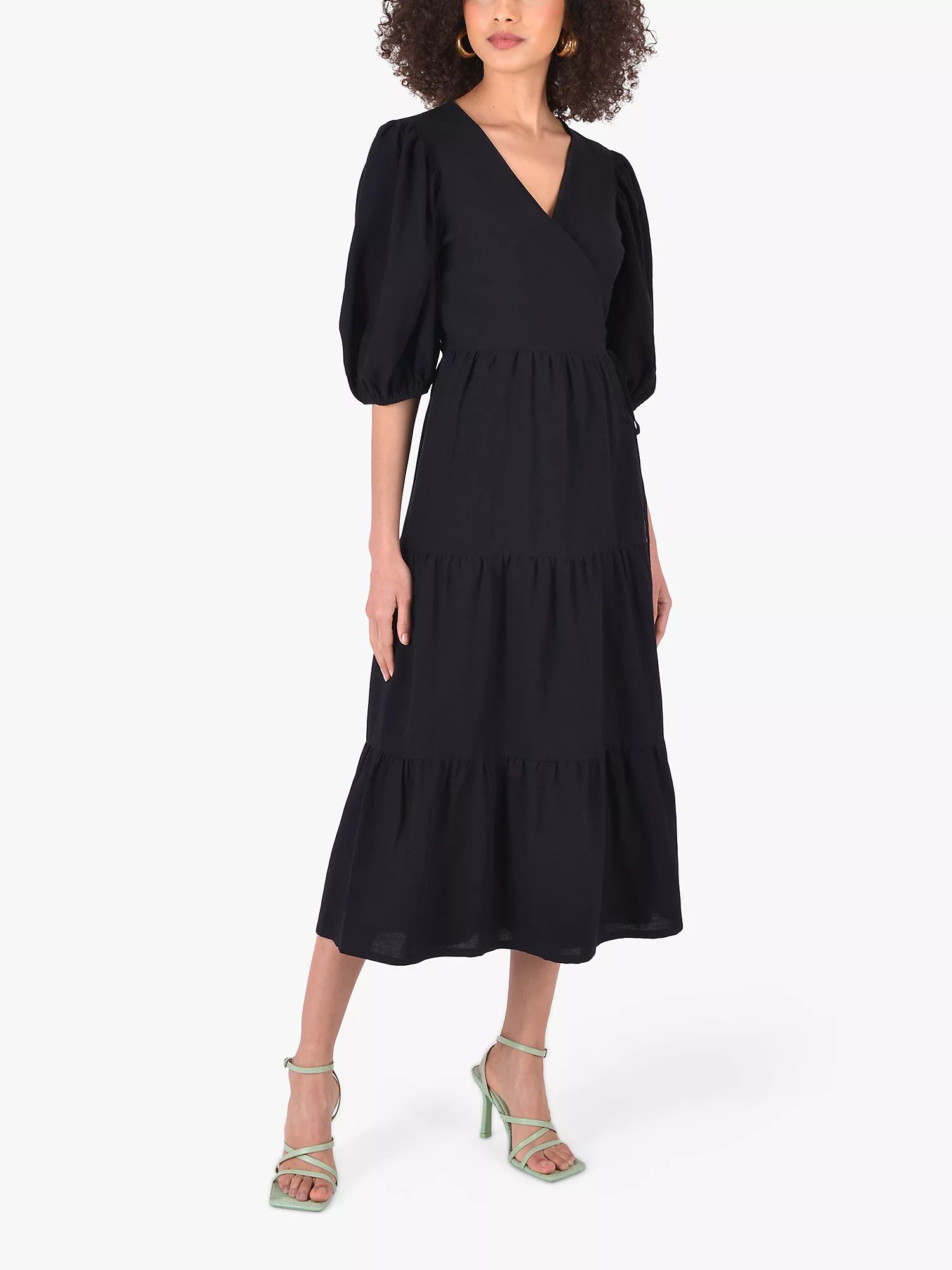 Ro&Zo Linen Blend Wrap Midi Dress, Black | John Lewis (UK)