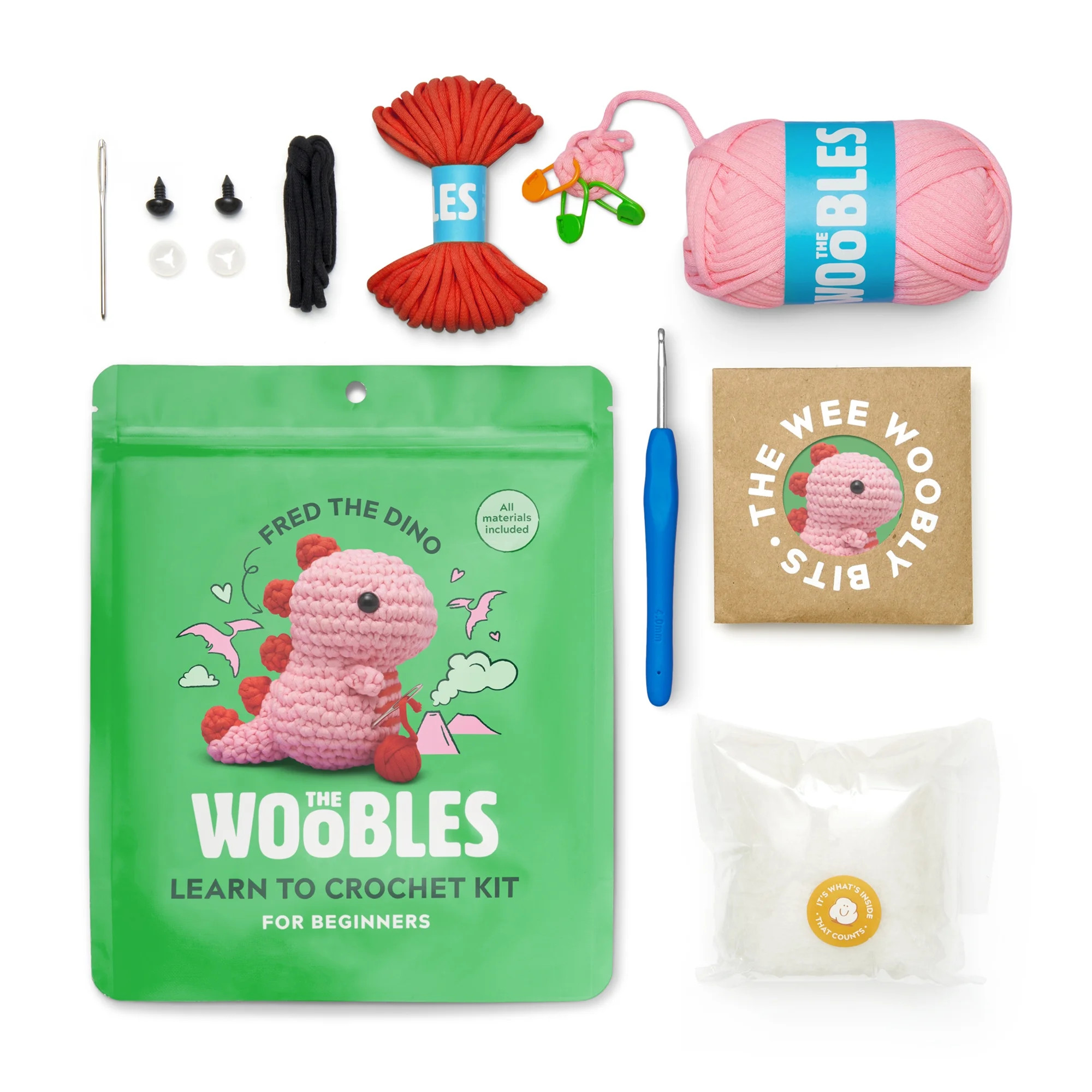 The Woobles Beginner Crochet Amigurumi Kits - Pink Dino - Walmart.com | Walmart (US)