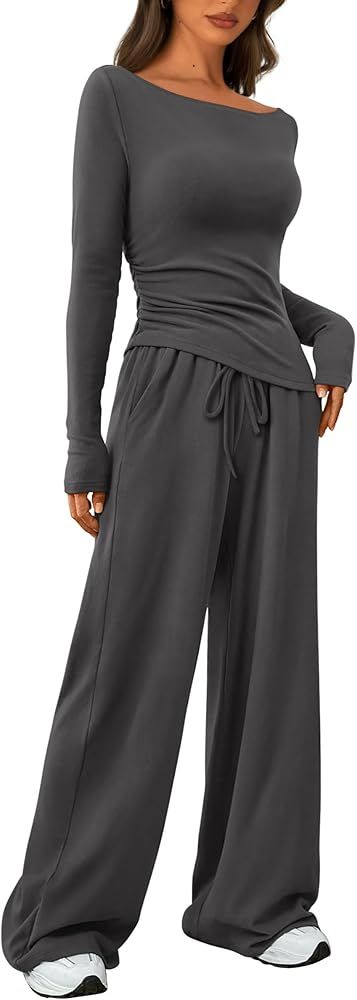 PRETTYGARDEN Women's 2 Piece Lounge Sets Asymmetrical Long Sleeve T Shirt Wide Leg Pants Casual O... | Amazon (US)