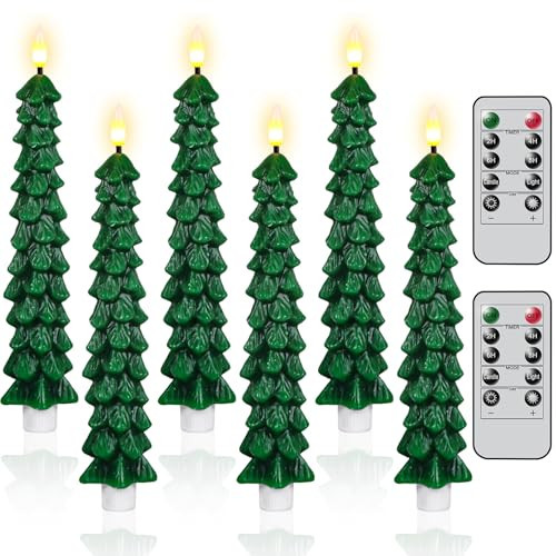 KunSwenn Christmas Tree Candles, Christmas Candles Battery Operated with 2 Remote, Set of 6 Real Wax Flameless Taper Candle, 9.8 Inch Green LED Tree Candlesticks for Home Holiday Decor | Amazon (US)