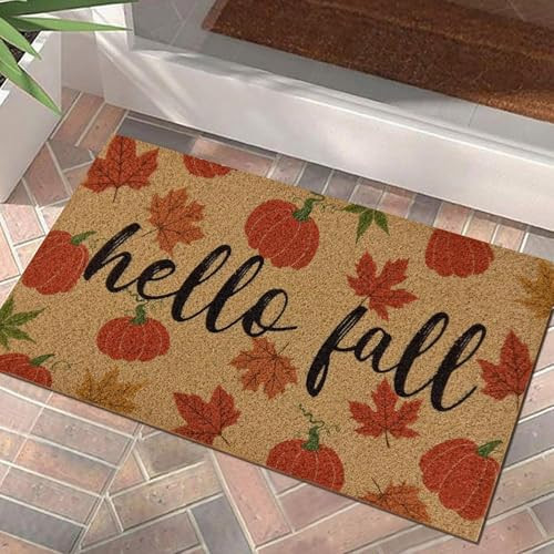 Yinhua Hello Fall Coir Door Mat Outdoor, Maple Leaf Front Doormat Outside Entrance, Non-Slip Pumpkin Door Mats Funny Floor Mat Low-Profile Indoor Mats for Autumn Thanksgiving Decor, 17 x 30 Inch | Amazon (US)