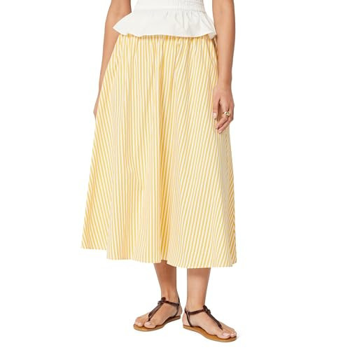 Amazon Essentials Women's Mid-Rise A-Line Cotton Stretch Poplin Midi Skirt with Elastic Waist, Golden Yellow Even Stripe, Medium | Amazon (US)
