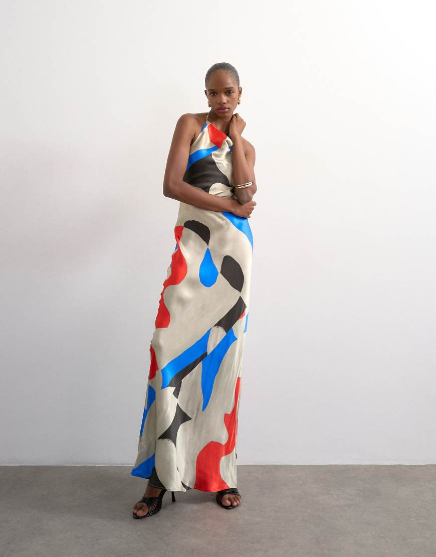 Topshop satin high neck cowl maxi dress in bold abstract-Blue | ASOS (Global)