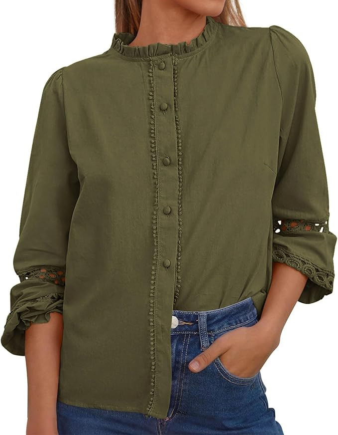 KIRUNDO Going Out Tops for Women Boho Cotton Eyelet Long Sleeve Button Up Shirt 2025 Fall Fashion... | Amazon (US)