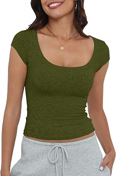 Artfish Women's Short Sleeve T-Shirts Low Scoop Neck Slim Fitted Ribbed Knit Casual Longer Crop T... | Amazon (US)