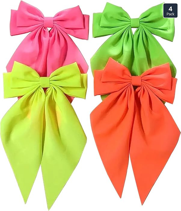 Neon Hair Bow, 4 Pcs Large Neon Bows with Long Tails for Girls, Fluorescent Lime Green Hair Bow, ... | Amazon (US)