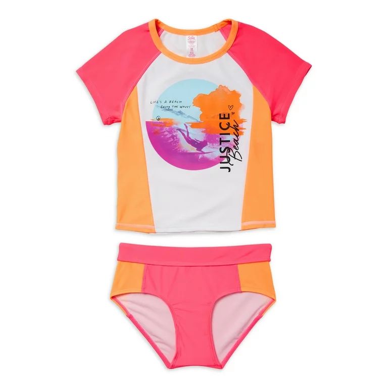 Justice Girls 2 Piece Colorblock Short Sleeve Graphic Rashguard Swimsuit, Sizes 5-18 | Walmart (US)