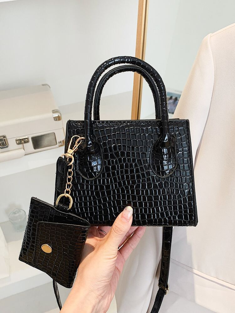 Mini Crocodile Embossed Double Handle Square Bag With Coin Purse | SHEIN