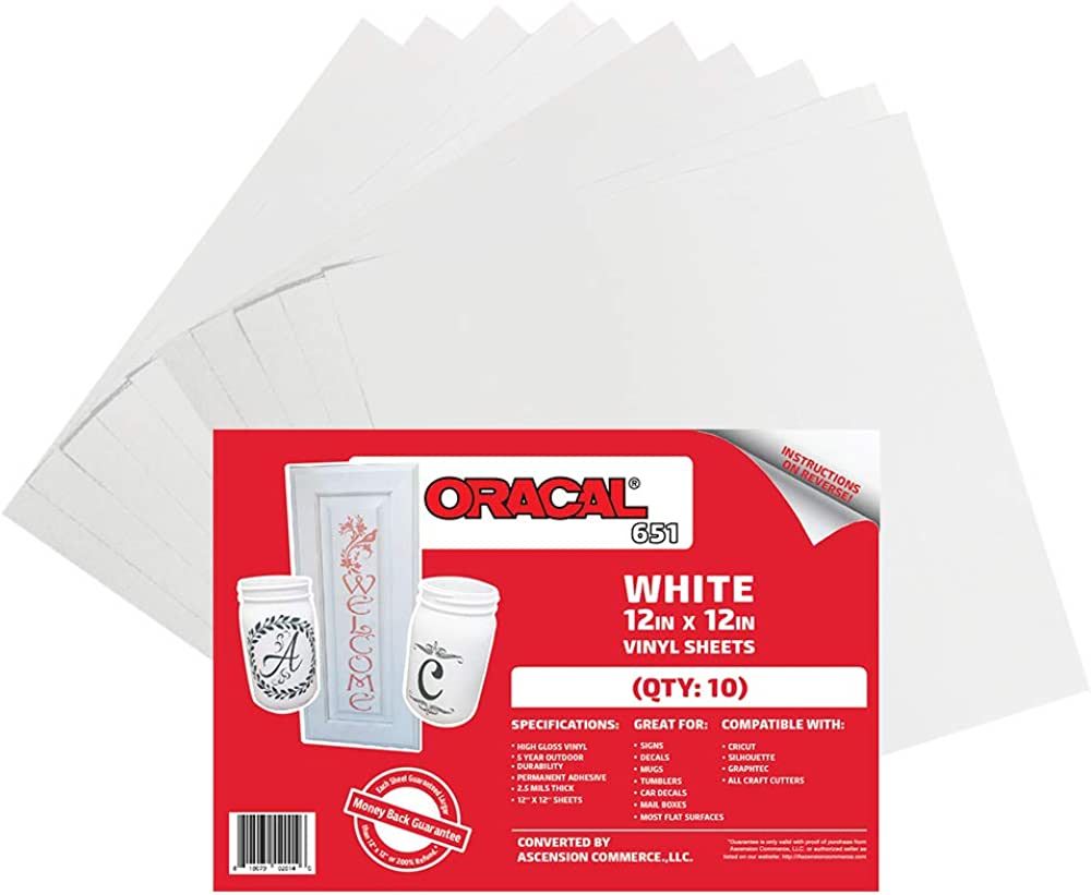 (10) 12" x 12" Sheets - Oracal 651 White Adhesive Craft Vinyl for Cricut, Silhouette, Cameo, Craf... | Amazon (US)