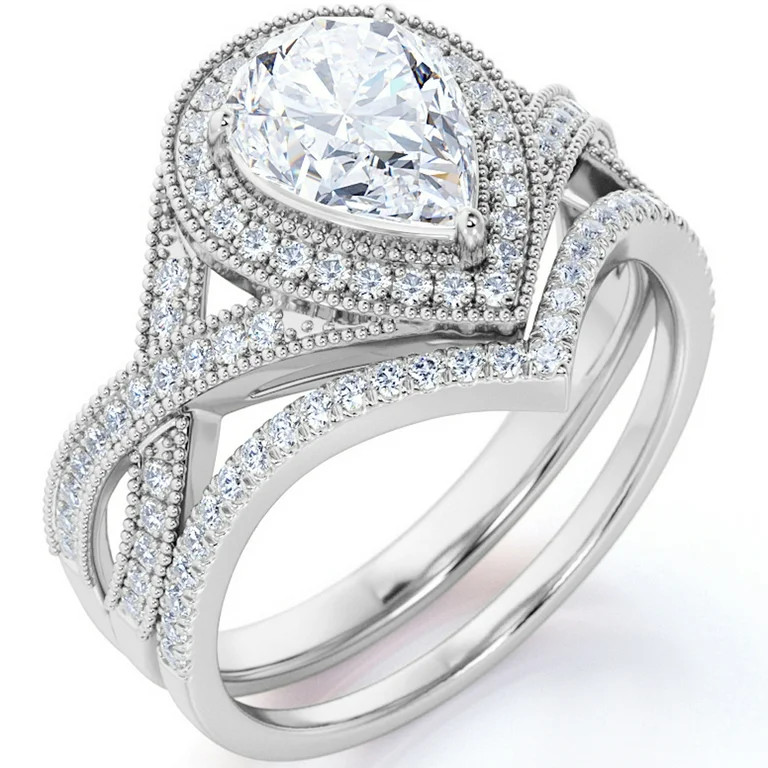 JeenMata 1.5 Carat Pear Cut Moissanite Wedding Set - Bridal Set - Art Deco Ring - Halo Ring - Clu... | Walmart (US)