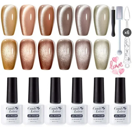 Candy Lover Cat Eye Gel Nail Polish Kit 6 Brown Grey Orange Holographic Glitter Gel Polish with 2 Magnets Soak Off UV LED Nail Polish Manicure Gift Set for Women | Walmart (US)