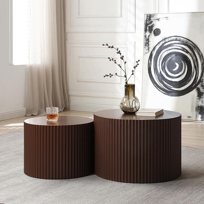 Modern Nesting Coffee Table, Round Wood End Table Set of 2 for Small Space, Living Room - Brown | Amazon (US)