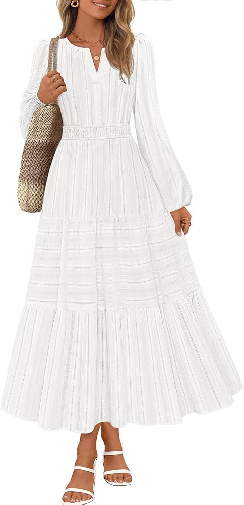 MEROKEETY Women's 2025 Fall Puff Long Sleeve Maxi Dress Casual V Neck Elastic Waist Tiered Cotton... | Amazon (US)