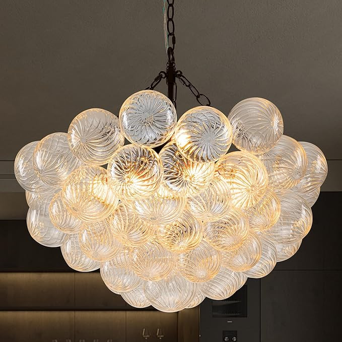Bubble Ball Swirled Glass Chandelier Black Finish Clear Blown Glass 24" Dia Cluster Globe Pendant... | Amazon (US)