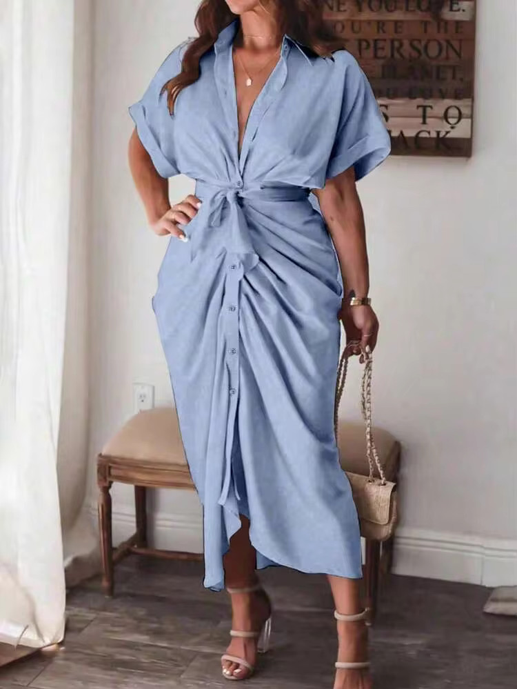 Vionelle Brown Summer Elegant Casual Vacation Plus Size Solid Color Pleat Hem Shirt Dress Maxi Wo... | SHEIN