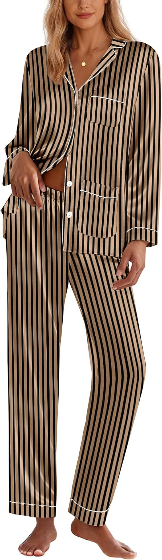 Ekouaer Pajamas for Women Silk Satin Button Down Long Sleeve Pajama Sets | Soft and Lightweight,O... | Amazon (US)