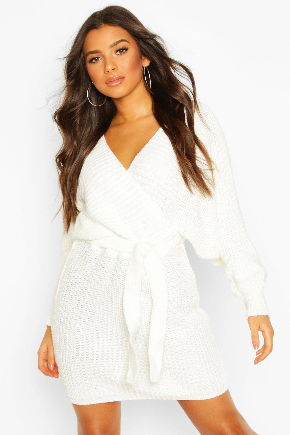Womens Rib Knit Wrap Knitted Dress - White - M | Boohoo.com (US & CA)