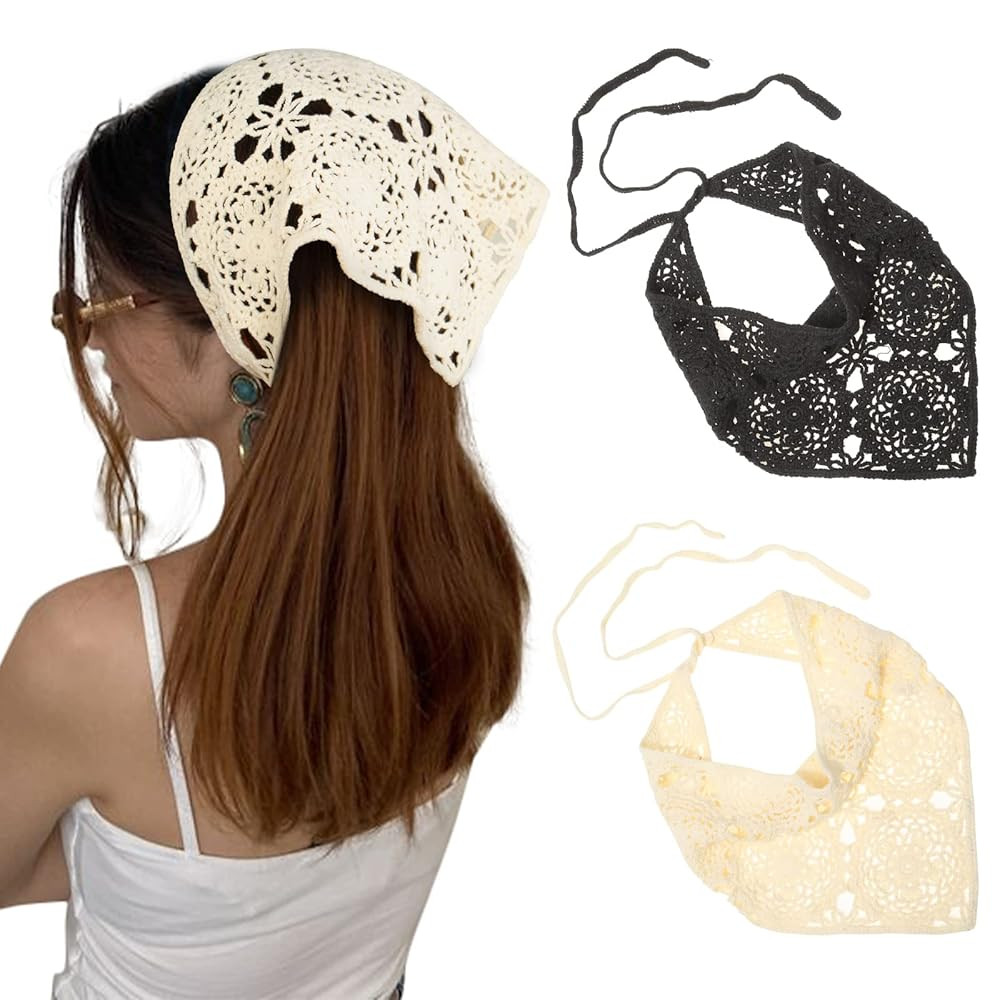 AWAYTR Crochet Bandana Head Kerchief Hair Scarf 2Pcs Knitted Scarves Tie Bcak Floral Headwrap for... | Amazon (US)