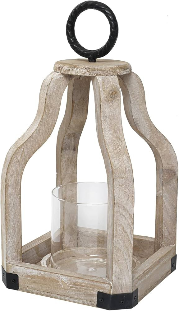 Amazon.com: SWALLOWLIVING 13" Rustic Farmhouse Wood Candle Hurricane Lantern with Glass Candlestick Holder for Patio, Table Centerpiece, White Washed | Amazon (US)