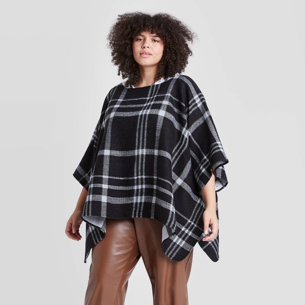 Women's Plus Size Plaid Poncho Sweater - A New Day Black One Size | Target
