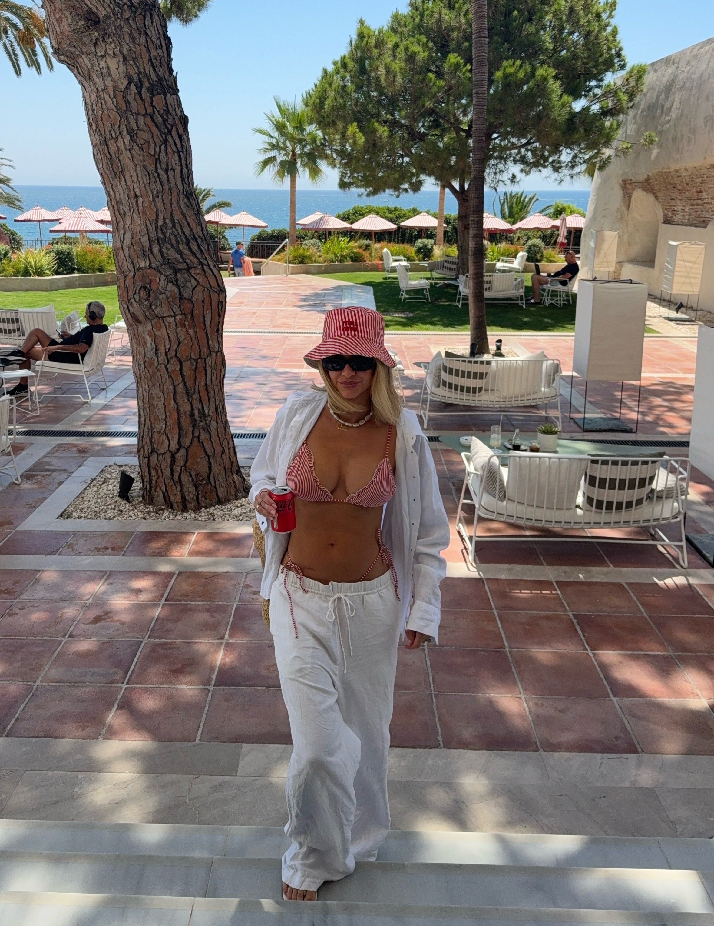 End of summer outfit idea, striped bikini, drawstring trousers, white shirt, holiday outfit, beach day  

 #LTKuk #LTKsummer #LTKeurope