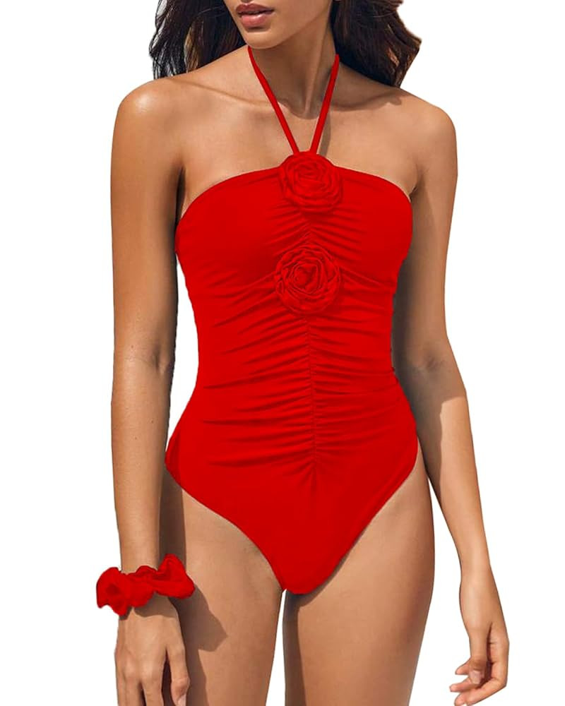SherryDC Women's Ruched One Piece Swimsuit Tummy Control Halter Bandeau 3D Flower Bathing Suit | Amazon (US)