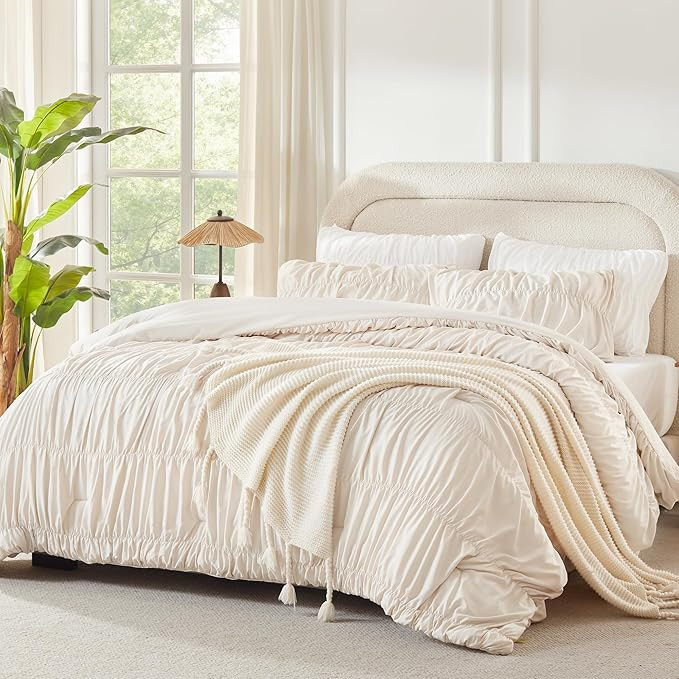 Andency Ruched Beige Full Size Comforter Sets, Shabby Chic Pleatd Bedding Sets 3 Pieces, Lightwei... | Amazon (US)
