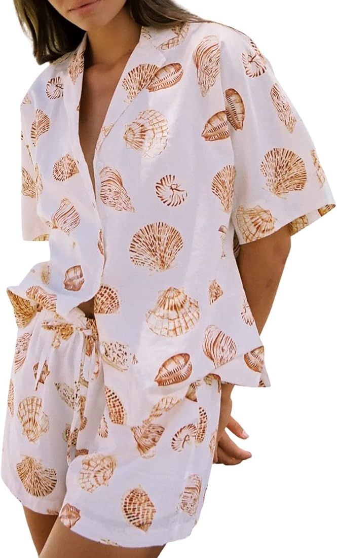 Xfileen Womens Loungewear Set Long Sleeve Print Button-up Shirt and Shorts Set Loose 2 Piece Sleepwe | Amazon (US)