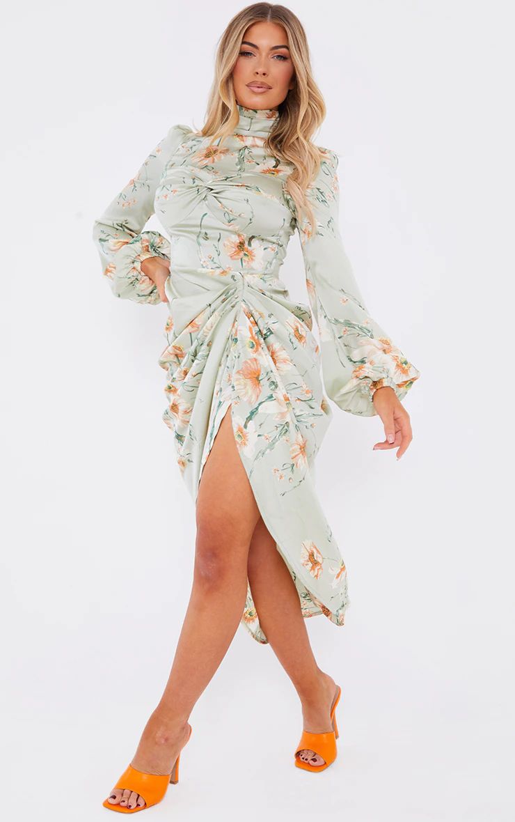 Sage Green Floral Twist Bust Draped Midi Dress | PrettyLittleThing US