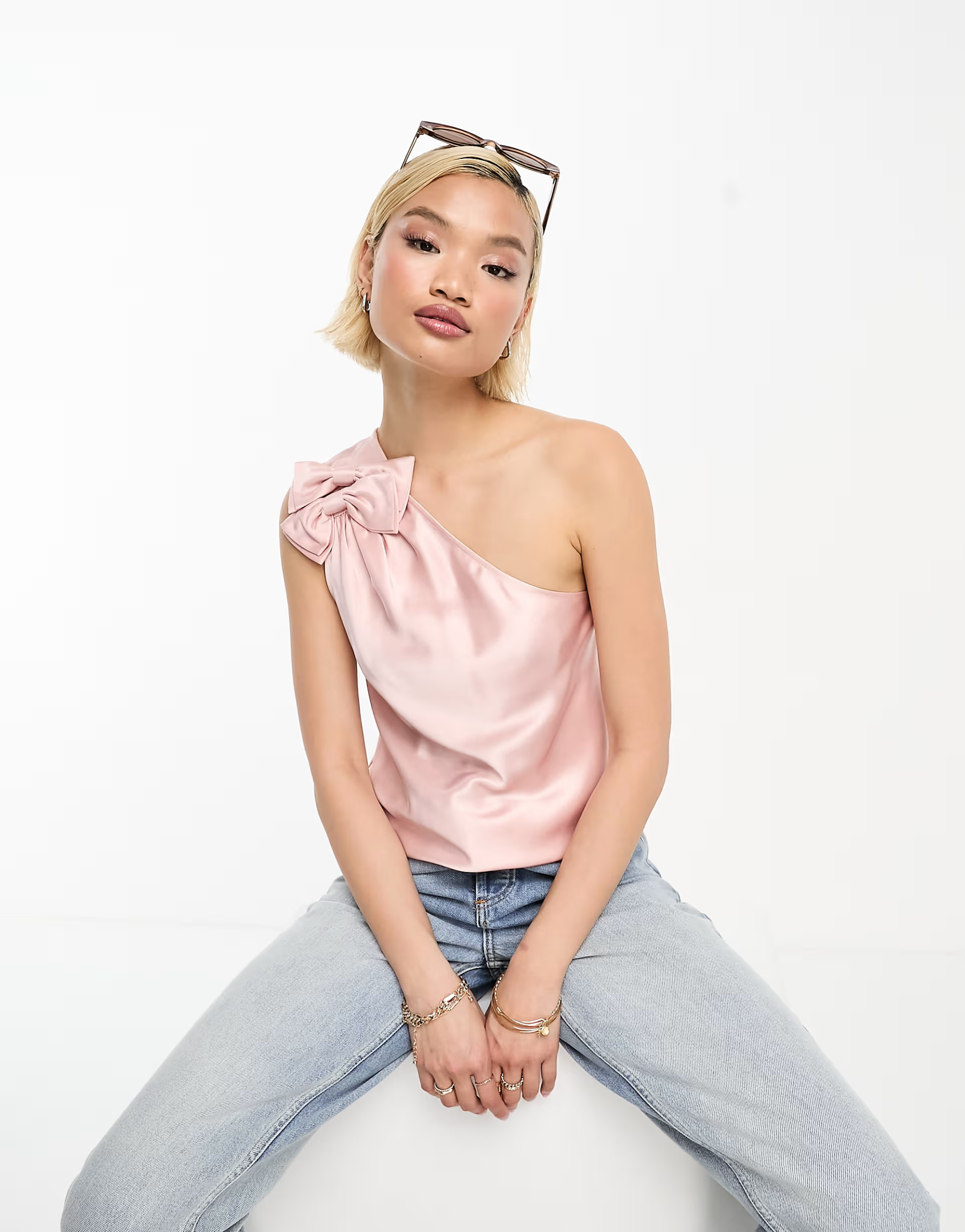 & Other Stories satin one shoulder top with bow detail in pink | ASOS (Global)