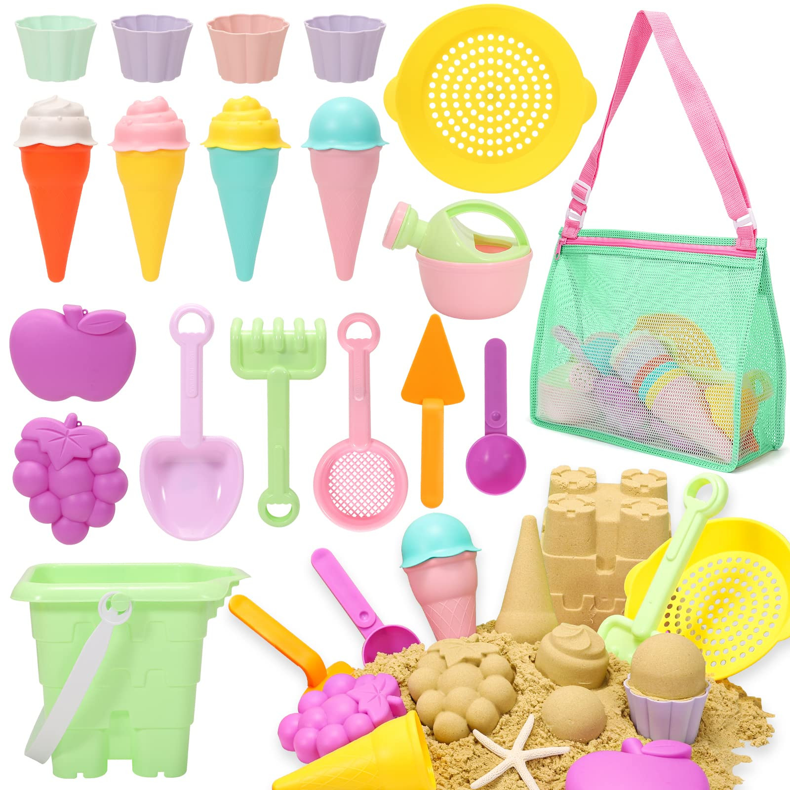 Tagitary Beach Sand Toys for Kids, Beach Toys 23PCS Set with Ice Cream Cake Sand Molds, Mesh Beac... | Amazon (US)