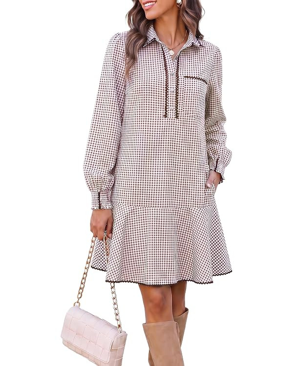 Wenrine Womens Long Sleeve Mini Dress Fall Casual Plaid Shirt Dresses | Amazon (US)