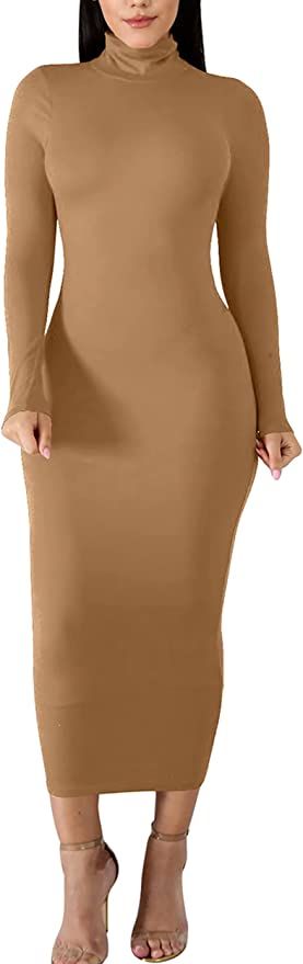 BORIFLORS Women's Sexy Basic Long Sleeve Turtleneck Bodycon Party Long Pencil Dress | Amazon (US)
