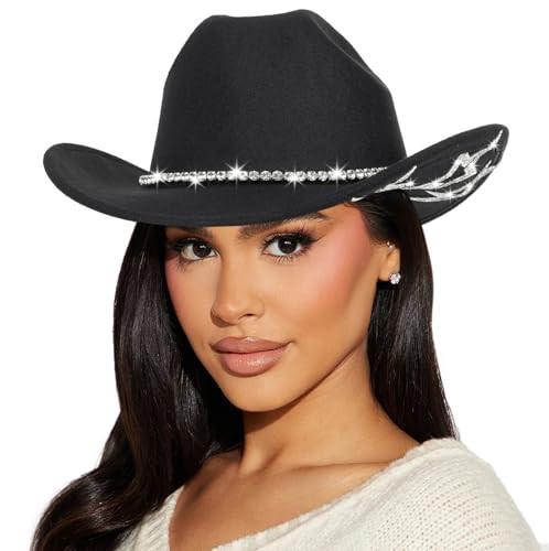 HinyBoeh Rhinestone-Western-Cowboy-Hat for Womens Wide-Brim-Felt-Cowgirl-Hats Sparkly Disco Cap | Amazon (US)