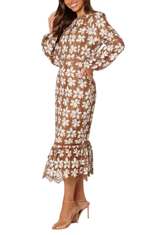 Petal & Pup Pierre Floral Long Sleeve Lace Midi Dress in Mocha at Nordstrom, Size Large | Nordstrom