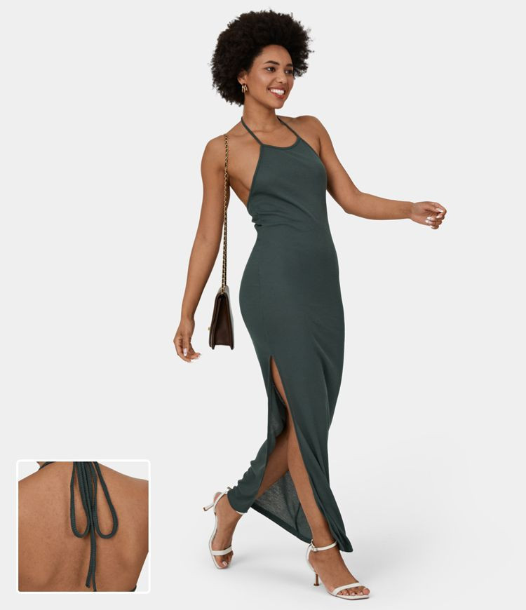 Women's Halter Lace Up Backless Side Split Bodycon Maxi Casual Dress - HALARA | HALARA