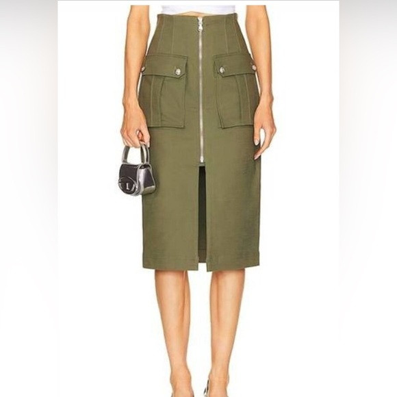 Veronica Beard Dallas Zip-Front Cargo Midi Skirt – Stone/Army Green, Size 4 | Poshmark