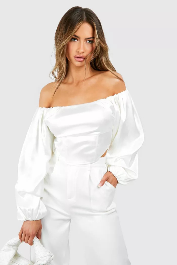 Satin Off The Shoulder Corset Top | boohoo (US & Canada)