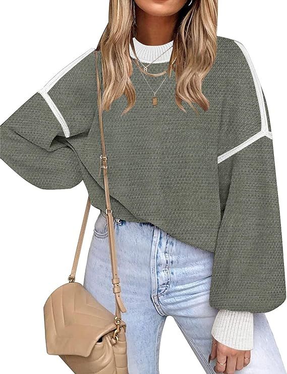 Fall Clothes for Women 2023 Trendy Crew Neck Oversized Sweaters Color Block Batwing Long Sleeve K... | Amazon (US)