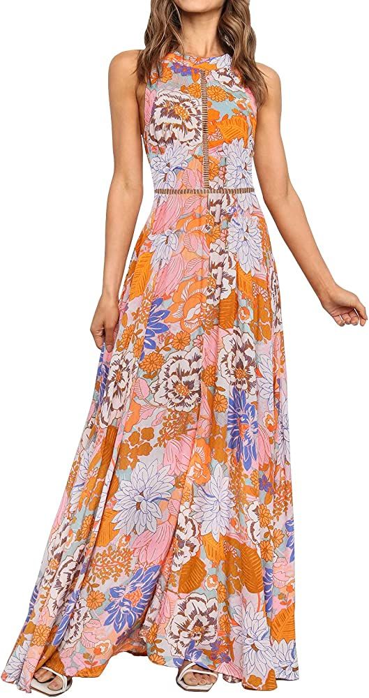 ZESICA Women's Halter Neck Floral Print Backless Split Beach Party Maxi Dress,Tangerine,Medium at... | Amazon (US)