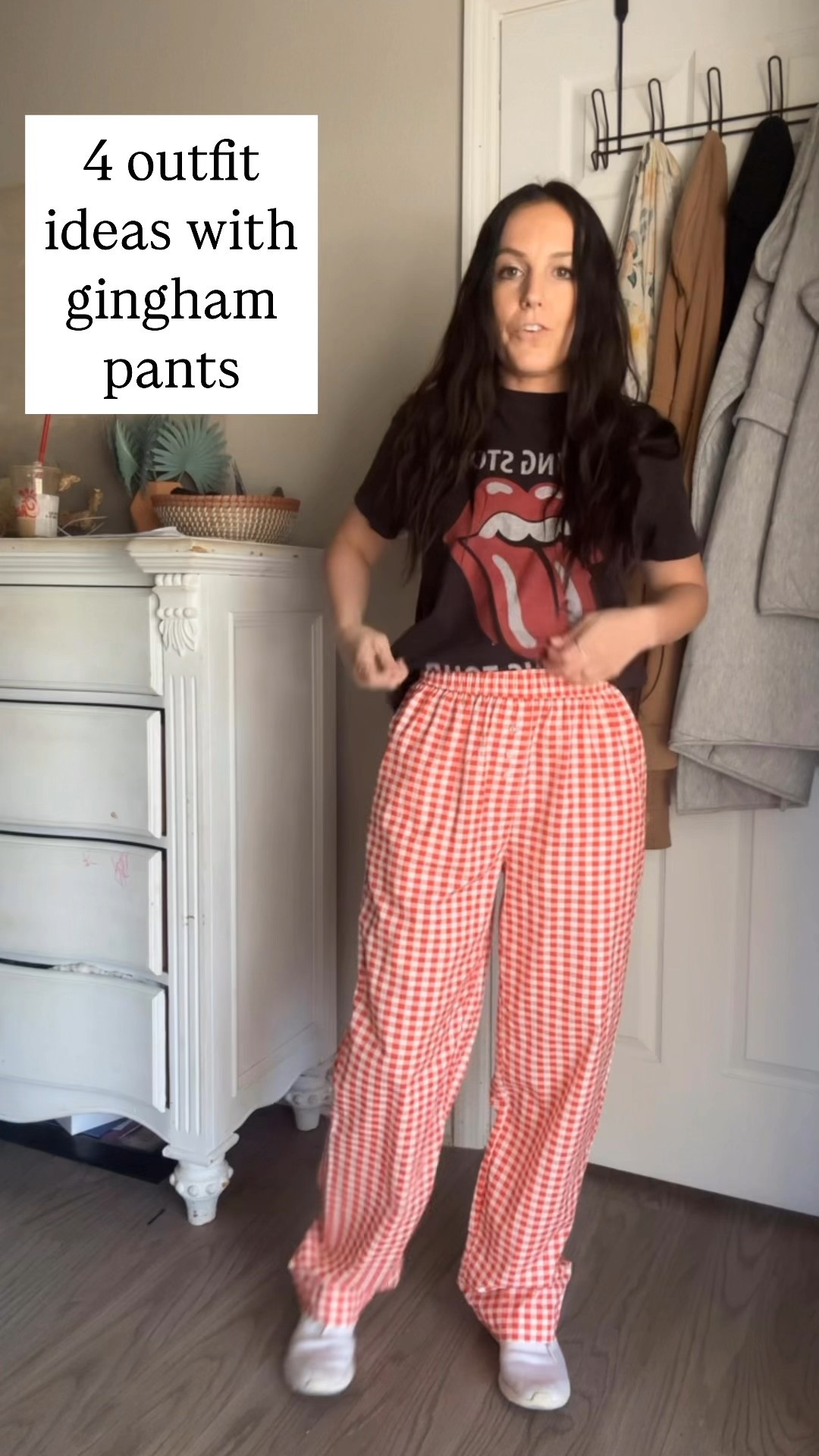 4 outfit ideas with red and white gingham pants 

Rolling Stones graphic tee
White crop top
Blue jean vest
White long sleeve button up 

#LTKPetite #LTKSeasonal #LTKStyleTip