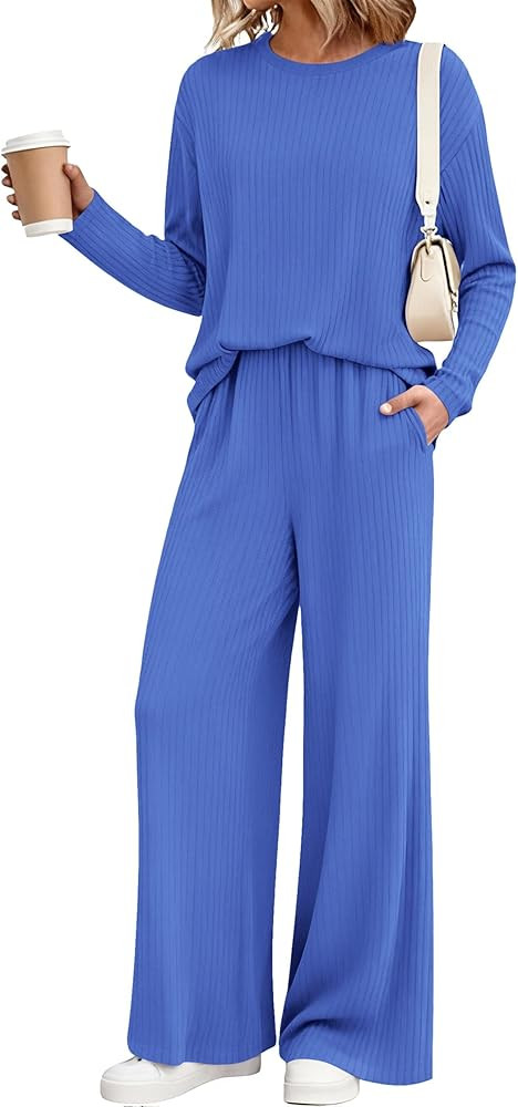 KIRUNDO Spring 2 Piece Lounge Sets for Women Long Sleeve Ribbed Knit Tops Wide Leg Pants Matching... | Amazon (US)