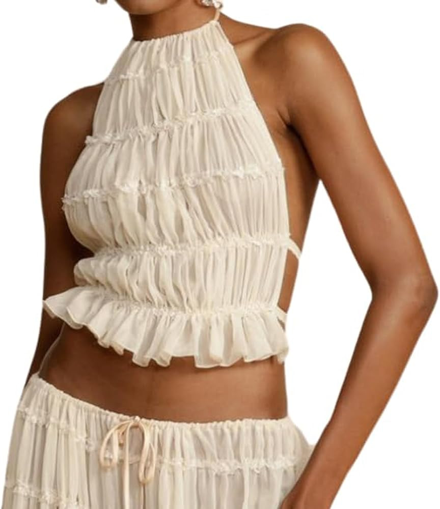 Women Sexy Open Back Halter Tops Tie Backless Ruched Ruffle Crop Tops Beach Vacation Going Out To... | Amazon (US)