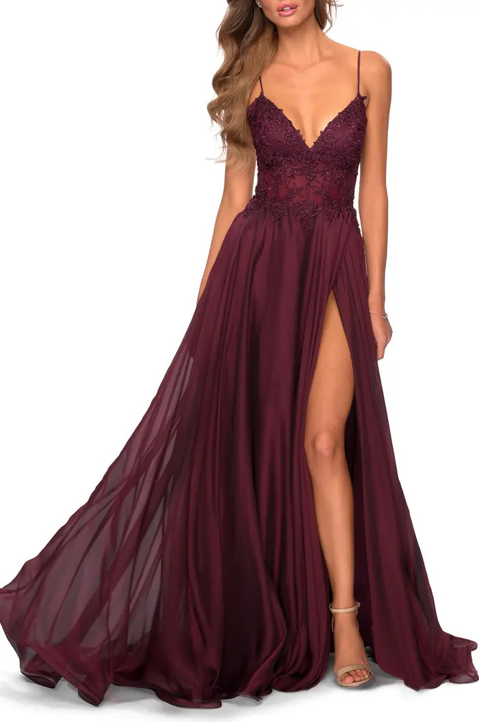 La Femme Floral Appliqué Chiffon Gown | Nordstrom | Nordstrom